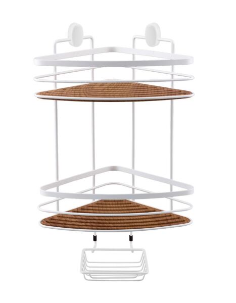 Okyanus Home İki Katlı Ahşap detaylı Üçgen Şampuanlık & Sabunluk 21 cm