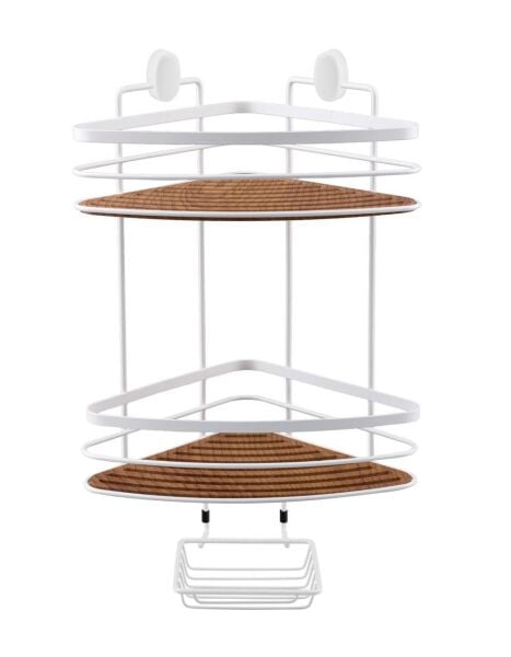 Okyanus Home İki Katlı Ahşap detaylı Üçgen Şampuanlık & Sabunluk 21 cm
