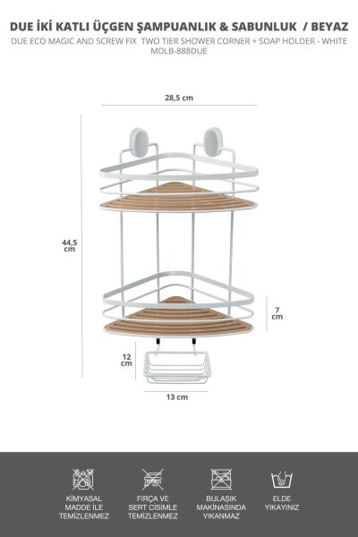 Okyanus Home İki Katlı Ahşap detaylı Üçgen Şampuanlık & Sabunluk 21 cm