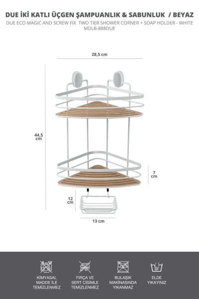 Okyanus Home İki Katlı Ahşap detaylı Üçgen Şampuanlık & Sabunluk 21 cm