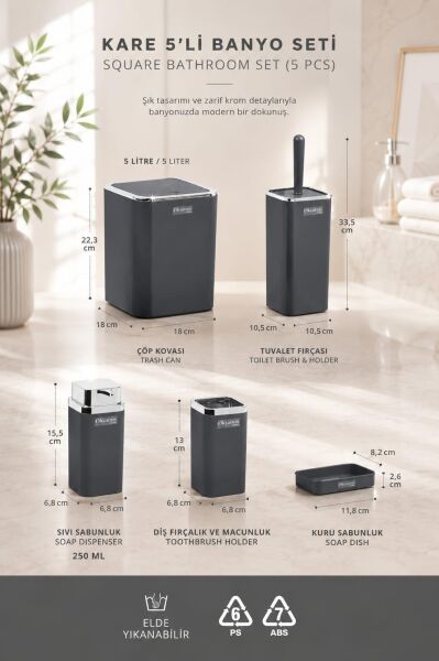 Okyanus Home Antrasit Kare Kromlu 5'li Banyo Seti