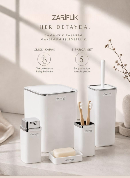 Okyanus Home Beyaz Kare Kromlu 5'li Banyo Seti