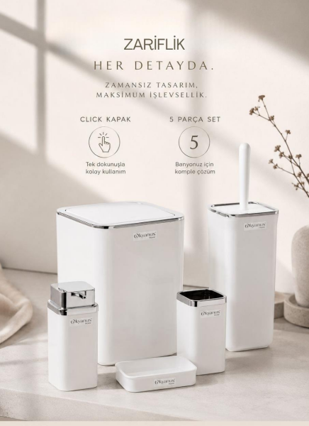 Okyanus Home Beyaz Kare Kromlu 5'li Banyo Seti