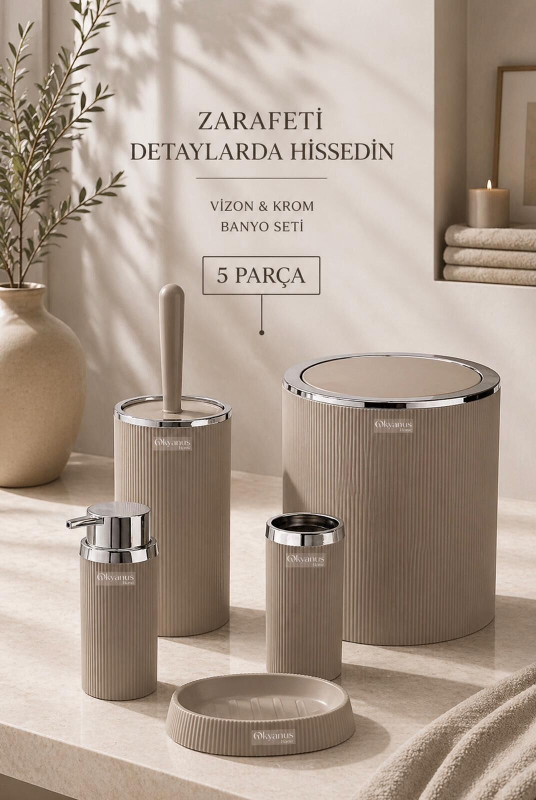 Okyanus Home Stella Krom Yuvarlak Çizgili 5'Li Banyo Seti Vizon