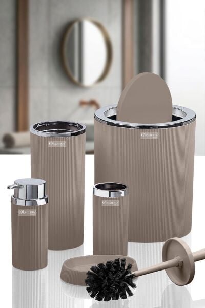 Okyanus Home Stella Krom Yuvarlak Çizgili 5'Li Banyo Seti Vizon