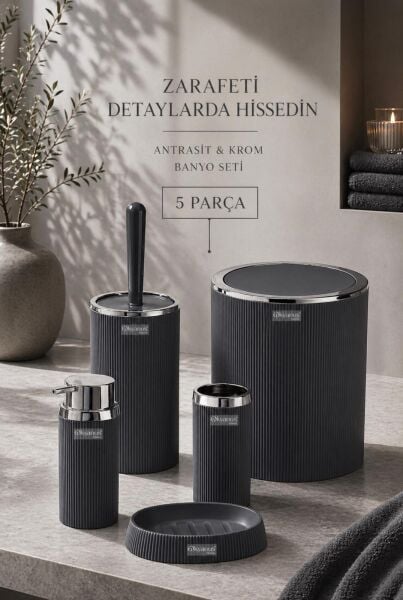 Okyanus Home Stella Krom Yuvarlak Çizgili 5'Li Banyo Seti Antrasit