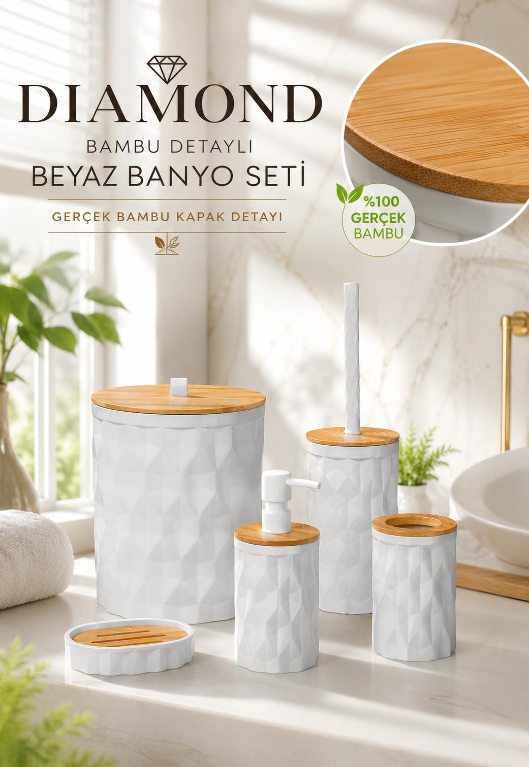 Okyanus Home Beyaz Diamond Gerçek Bambu Banyo Seti
