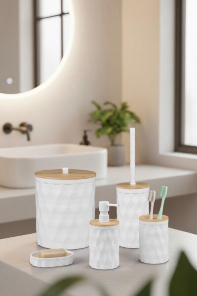 Okyanus Home Beyaz Diamond Gerçek Bambu Banyo Seti