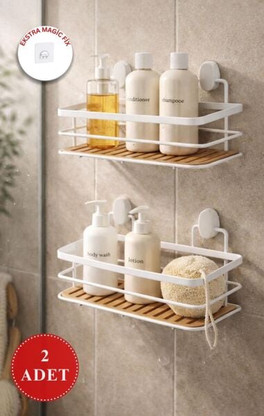 Okyanus Home Eko Magic Yapıştır&Vidala Beyaz Due 2 ADET Dikdörtgen Lamalı Maxi Şampuanlık 13 X 30 cm