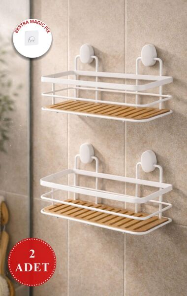 Okyanus Home Eko Magic Yapıştır&Vidala Beyaz Due 2 ADET Dikdörtgen Lamalı Maxi Şampuanlık 13 X 30 cm