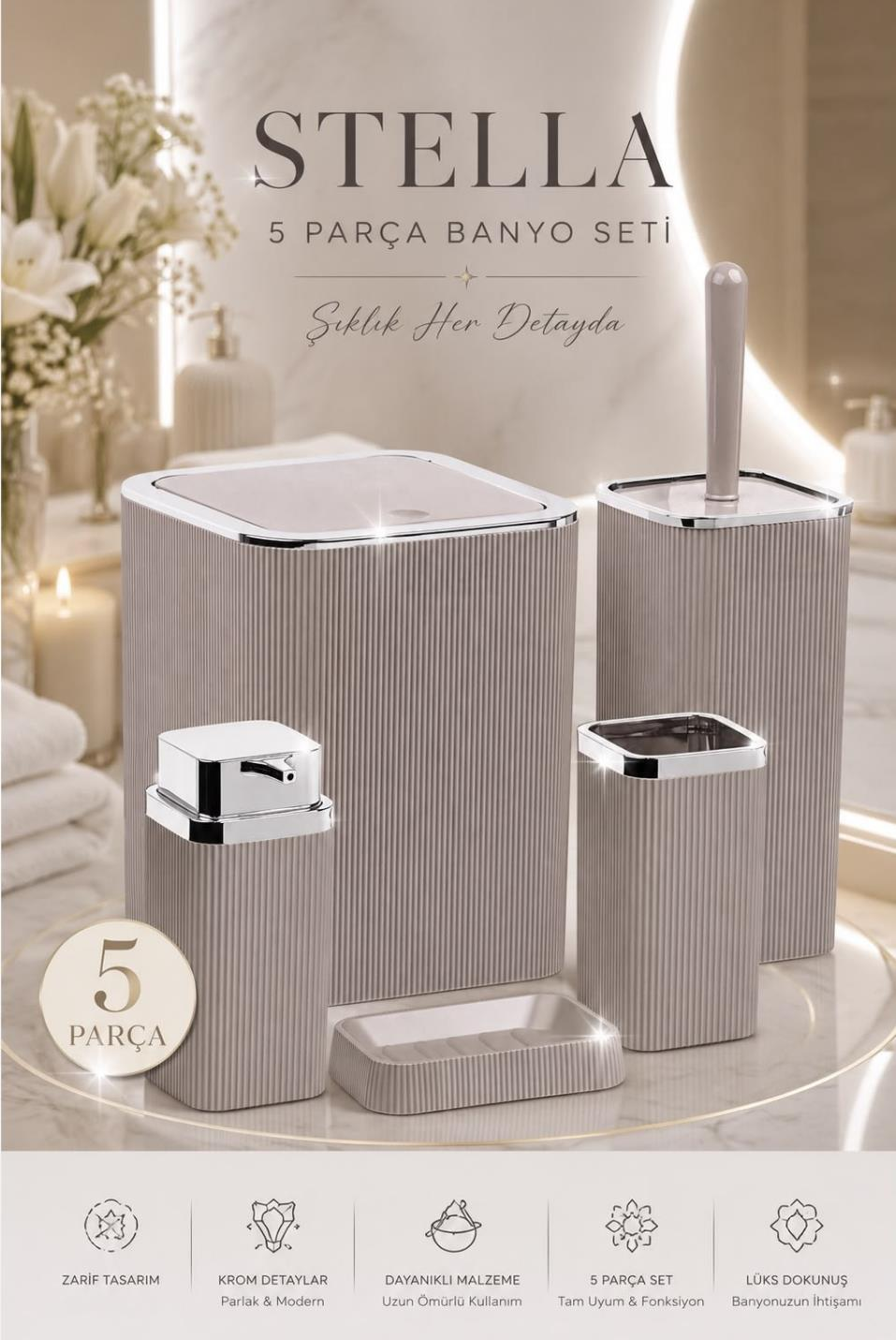 Okyanus Home Stella Vizon Kromlu Çizgili Kare 5'li Banyo Seti
