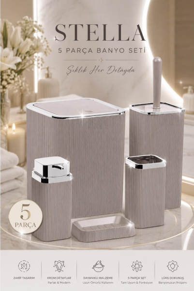 Okyanus Home Stella Vizon Kromlu Çizgili Kare 5'li Banyo Seti