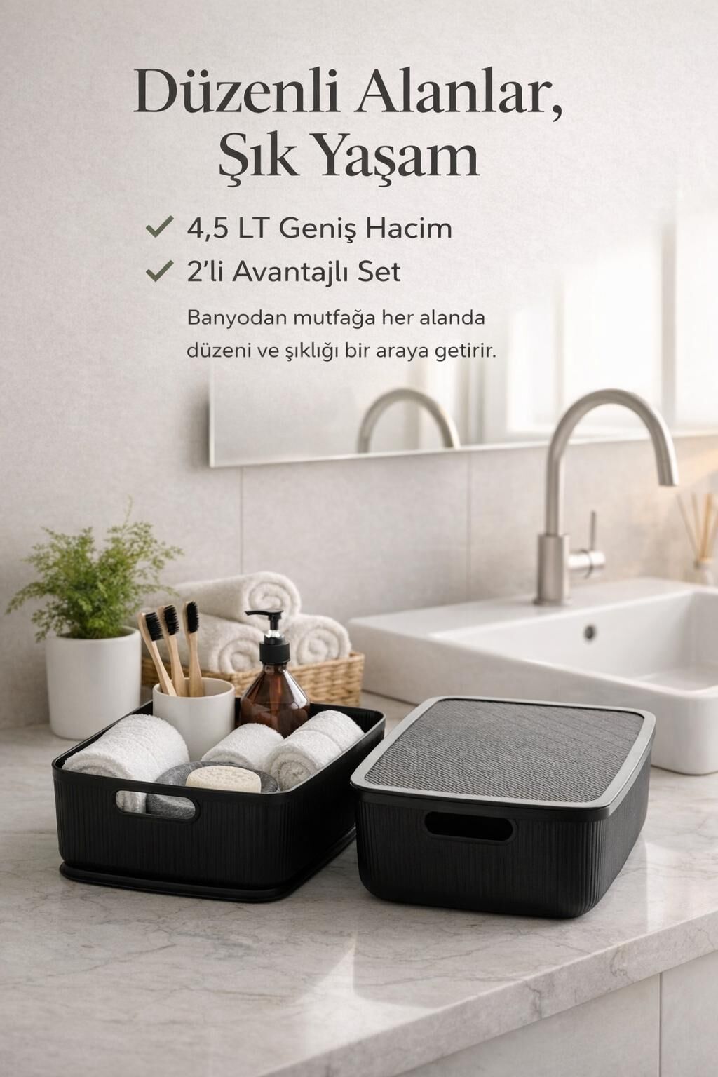 Okyanus Home Linea Smart Box Siyah 4,5 Lt 2 Adet Kapaklı Çok Amaçlı Saklama Kutusu
