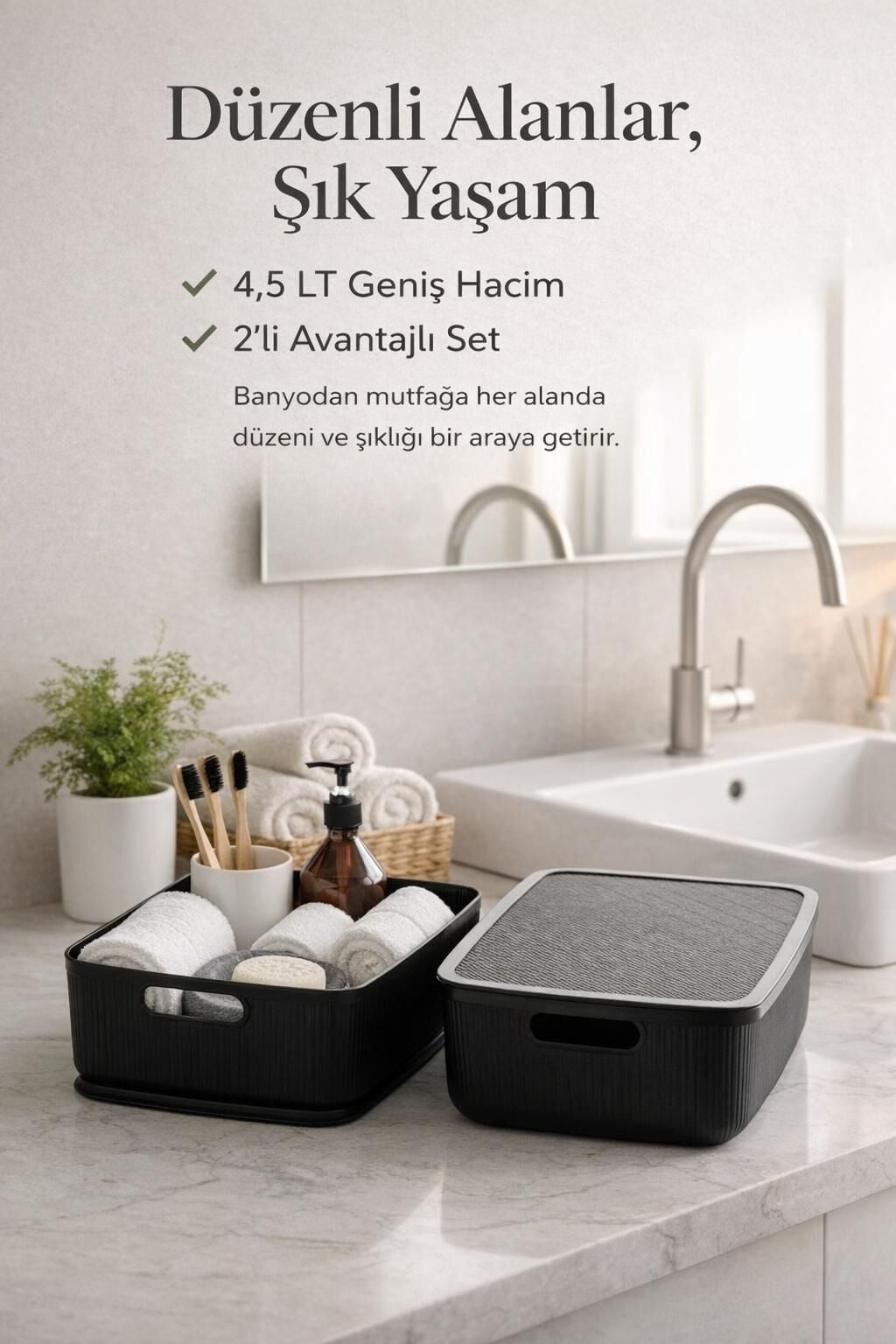 Okyanus Home Linea Smart Box Siyah 4,5 Lt 2 Adet Kapaklı Çok Amaçlı Saklama Kutusu