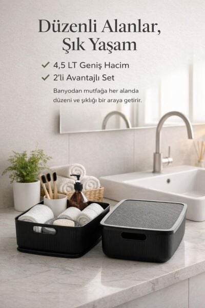 Okyanus Home Linea Smart Box Siyah 4,5 Lt 2 Adet Kapaklı Çok Amaçlı Saklama Kutusu