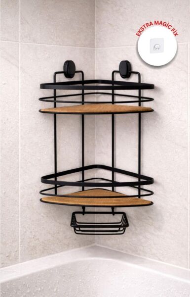 Okyanus Home İki Katlı Üçgen Şampuanlık & Sabunluk Siyah- Ahşap 21 cm