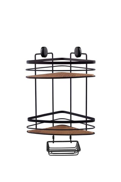Okyanus Home İki Katlı Üçgen Şampuanlık & Sabunluk Siyah- Ahşap 21 cm