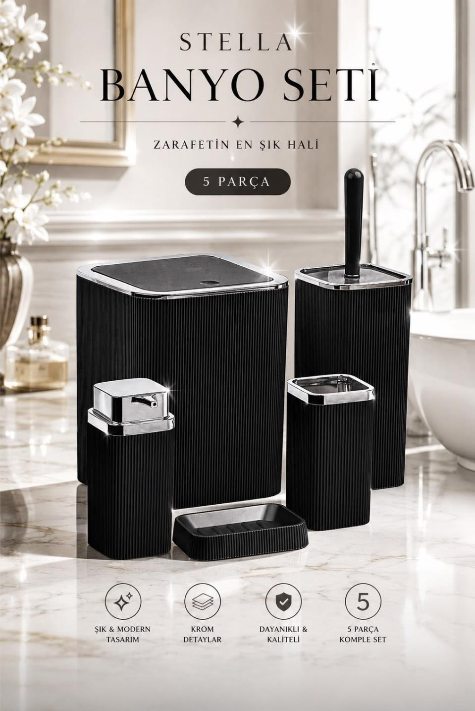 Okyanus Home Stella Siyah Kromlu Çizgili Kare 5'li Banyo Seti