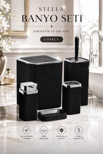 Okyanus Home Stella Siyah Kromlu Çizgili Kare 5'li Banyo Seti