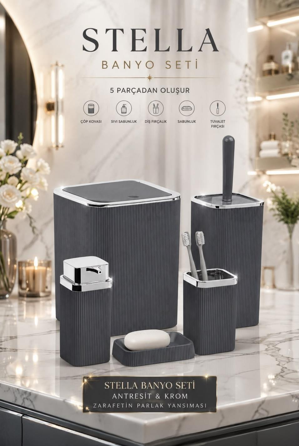 Okyanus Home Stella Antrasit Kromlu Çizgili Kare 5'li Banyo Seti