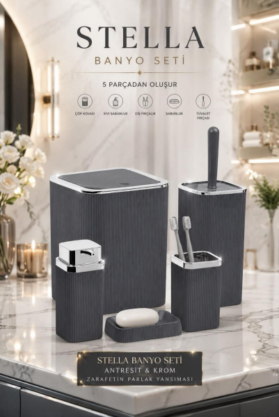 Okyanus Home Stella Antrasit Kromlu Çizgili Kare 5'li Banyo Seti