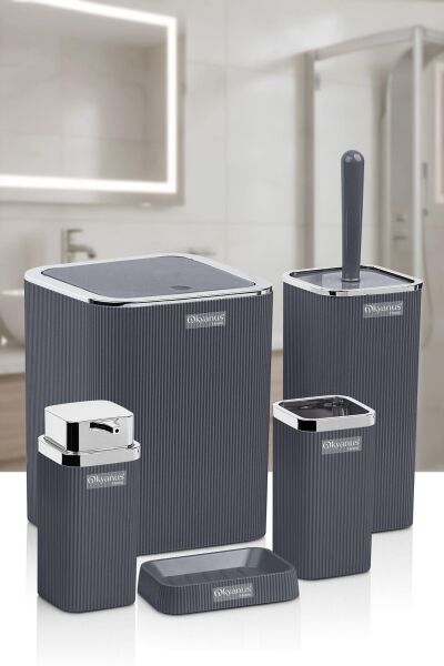 Okyanus Home Stella Antrasit Kromlu Çizgili Kare 5'li Banyo Seti