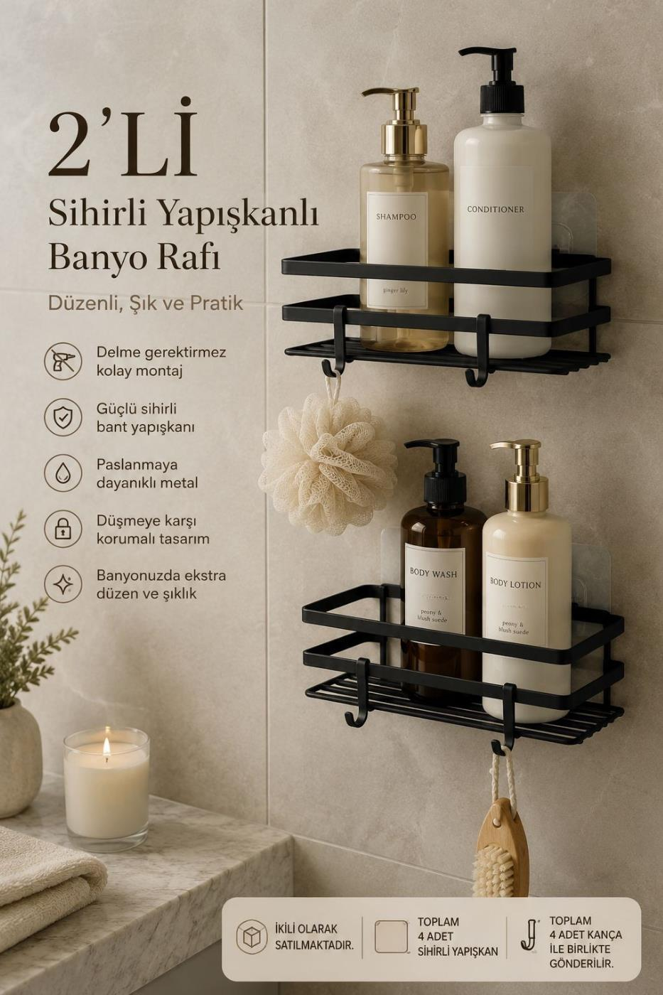 Okyanus Home Magic Fix Sihirli Yapışkan Kancalı Siyah Lamalı 2 Adet Dikdörtgen Banyo Rafı