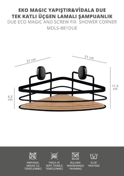 Okyanus Home Eko Magic Yapıştır&Vidala 2 ADET  Due Tek Katlı Üçgen Lamalı Şampuanlık 21 cm / Siyah
