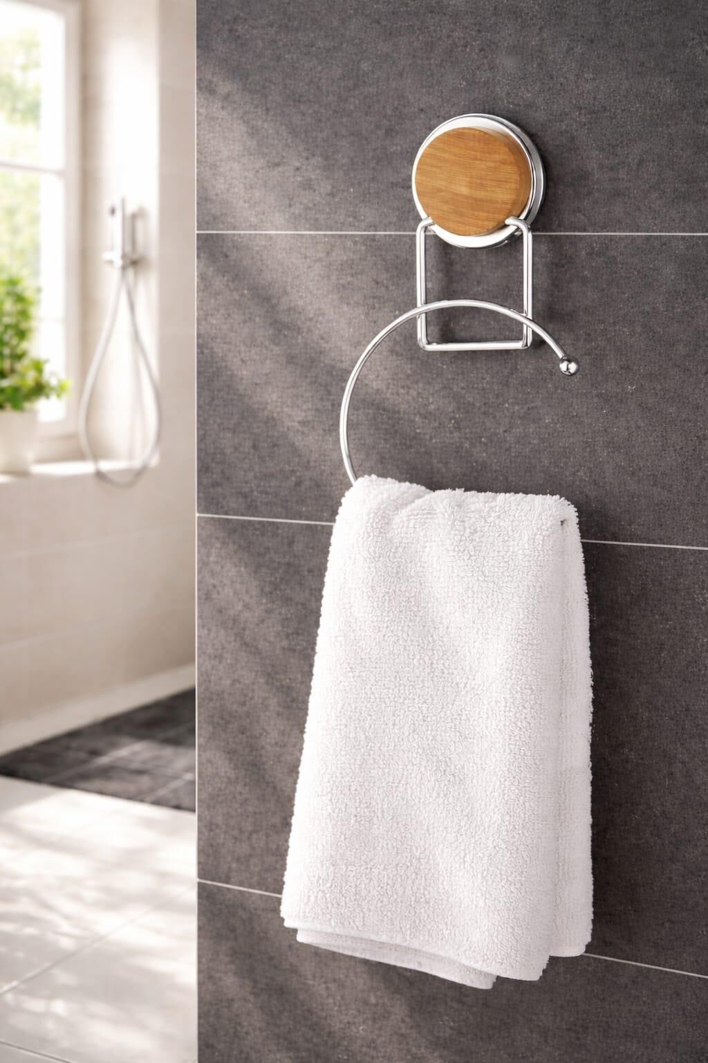 Okyanus Home Ahşap Desenli Magic Fix Sihirli Yapışkan Krom Yuvarlak Havluluk