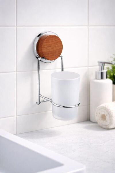 Okyanus Home Ahşap Desenli Magic Fix Sihirli Yapışkan Krom Diş Fırçalık