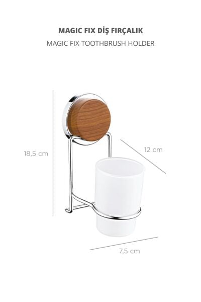 Okyanus Home Ahşap Desenli Magic Fix Sihirli Yapışkan Krom Diş Fırçalık