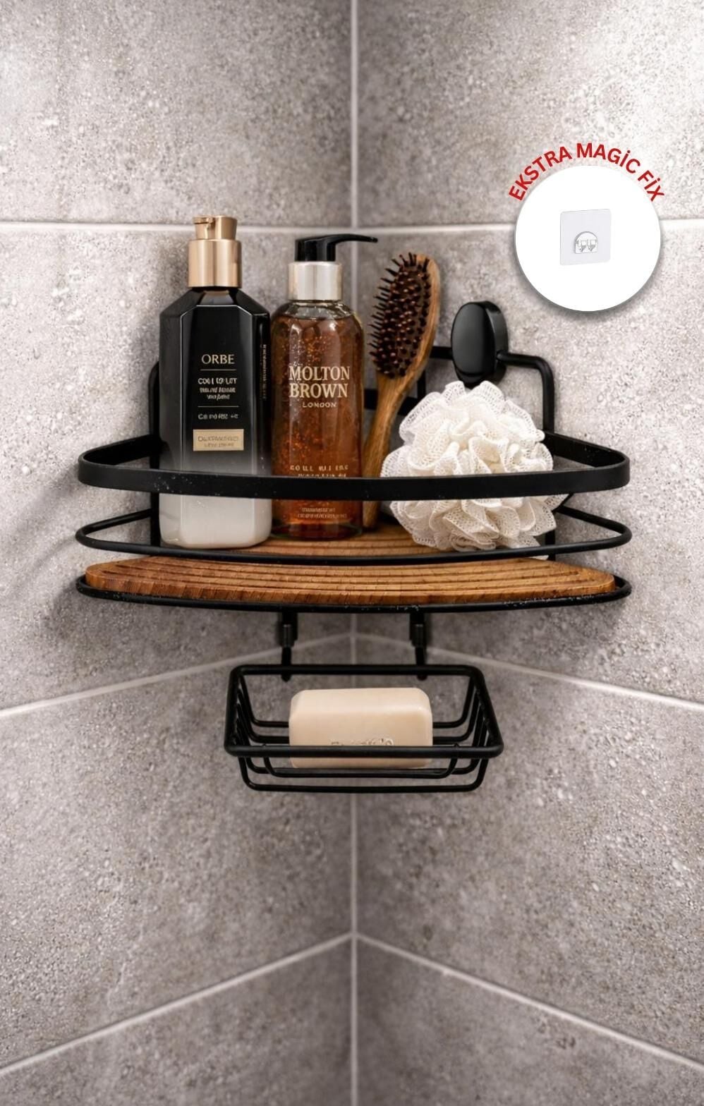 Okyanus Home Siyah Tek Katlı Üçgen Şampuanlık & Sabunluk 21 cm