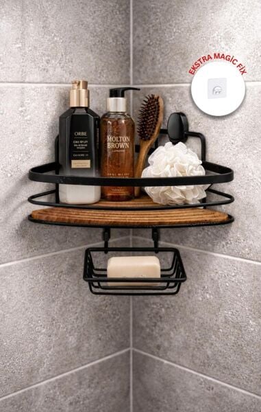 Okyanus Home Siyah Tek Katlı Üçgen Şampuanlık & Sabunluk 21 cm