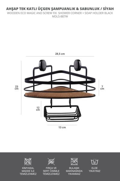 Okyanus Home Siyah Tek Katlı Üçgen Şampuanlık & Sabunluk 21 cm