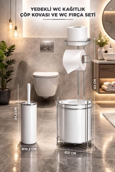Okyanus Home Krom Yedekli Wc Kağıtlık - Yuvarlak Beyaz Çöp Kovası ve WC Fırça Seti