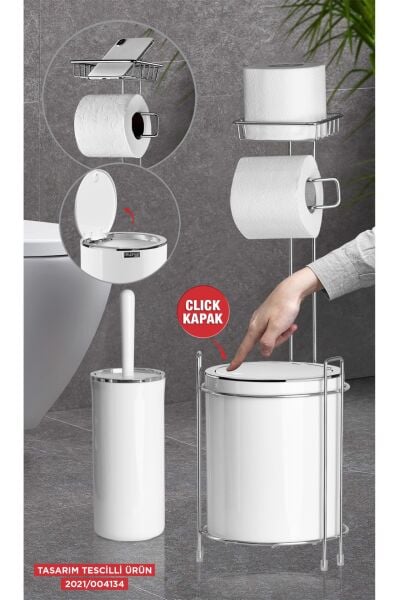 Okyanus Home Krom Yedekli Wc Kağıtlık - Yuvarlak Beyaz Çöp Kovası ve WC Fırça Seti