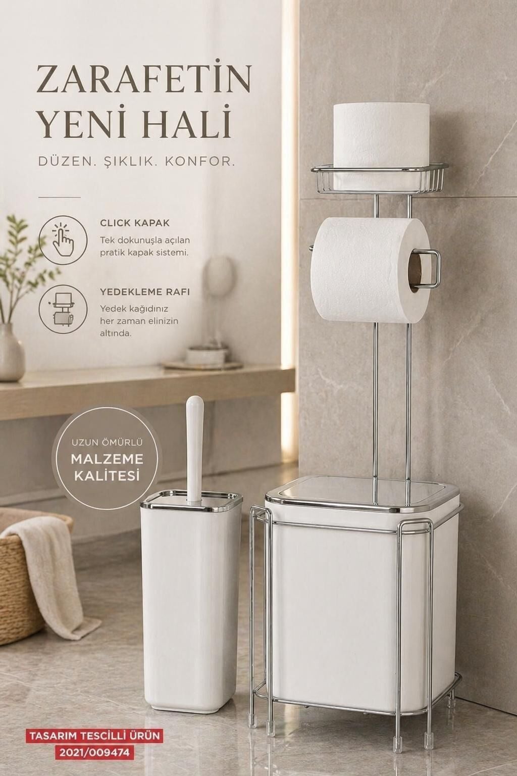 Okyanus Home Krom Yedekli Wc Kağıtlık - Beyaz Çöp Kovası ve WC Fırça Seti