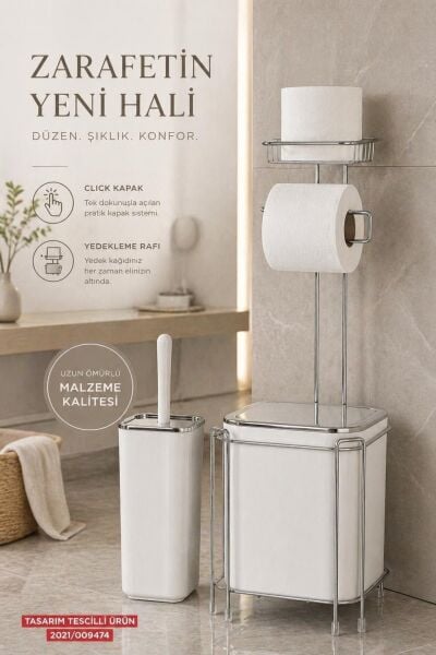 Okyanus Home Krom Yedekli Wc Kağıtlık - Beyaz Çöp Kovası ve WC Fırça Seti