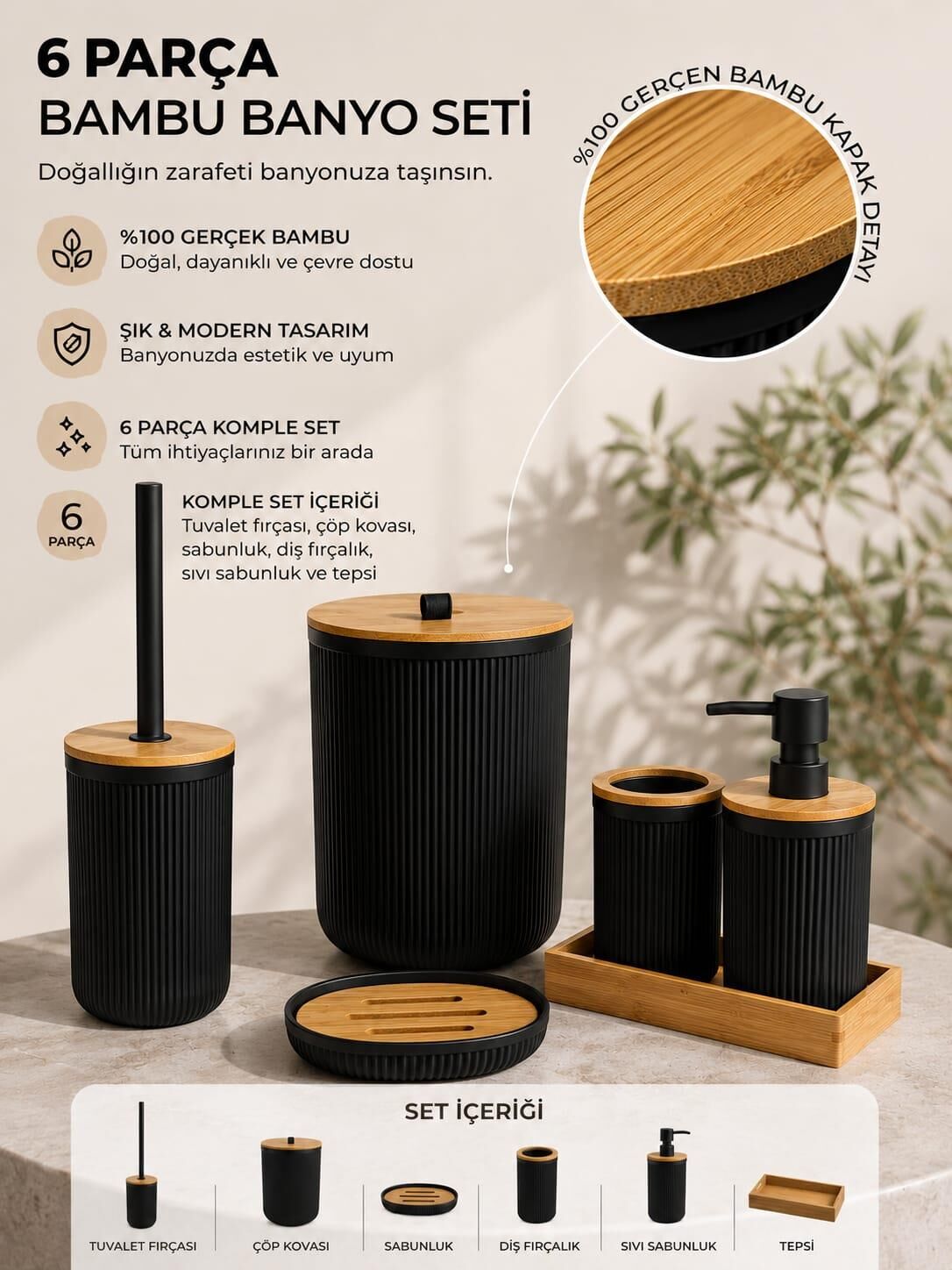 Okyanus Home Linea Siyah Gerçek Bambu Detaylı  6 Parça Tepsili Banyo Seti