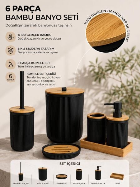 Okyanus Home Linea Siyah Gerçek Bambu Detaylı  6 Parça Tepsili Banyo Seti