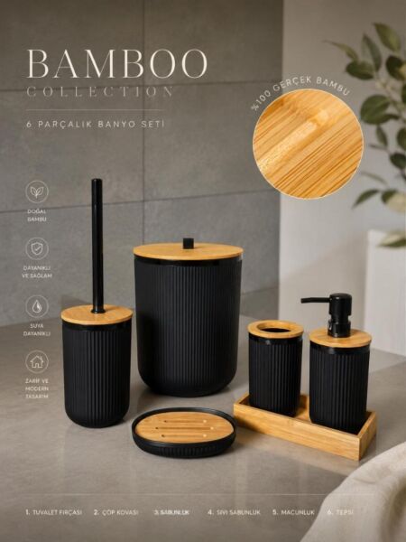 Okyanus Home Linea Siyah Gerçek Bambu Detaylı  6 Parça Tepsili Banyo Seti