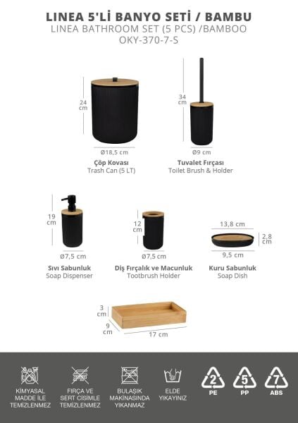 Okyanus Home Linea Siyah Gerçek Bambu Detaylı  6 Parça Tepsili Banyo Seti