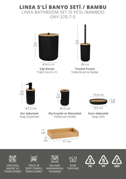 Okyanus Home Linea Siyah Gerçek Bambu Detaylı  6 Parça Tepsili Banyo Seti