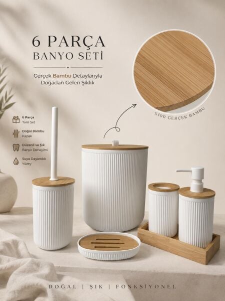 Okyanus Home Linea Beyaz Gerçek Bambu Detaylı  6 Parça Tepsili Banyo Seti