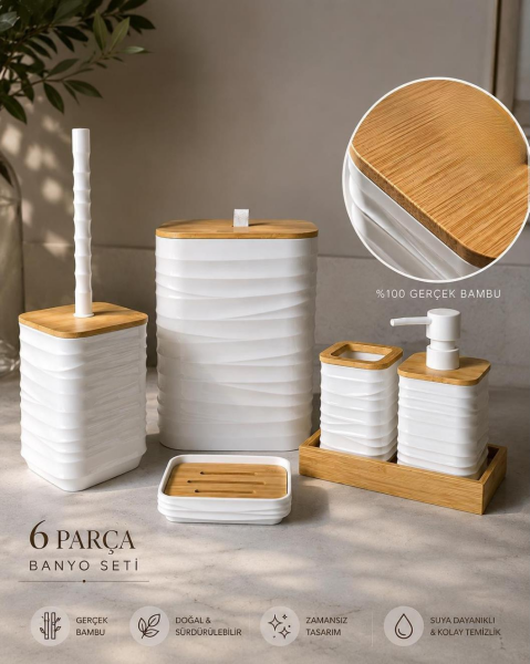 Okyanus Home Luna Beyaz Gerçek Bambu Detaylı 7LT 6 Parça Tepsili Banyo Seti