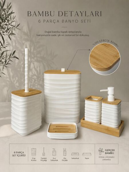 Okyanus Home Luna Beyaz Gerçek Bambu Detaylı 7LT 6 Parça Tepsili Banyo Seti