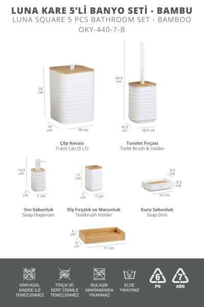Okyanus Home Luna Beyaz Gerçek Bambu Detaylı 7LT 6 Parça Tepsili Banyo Seti