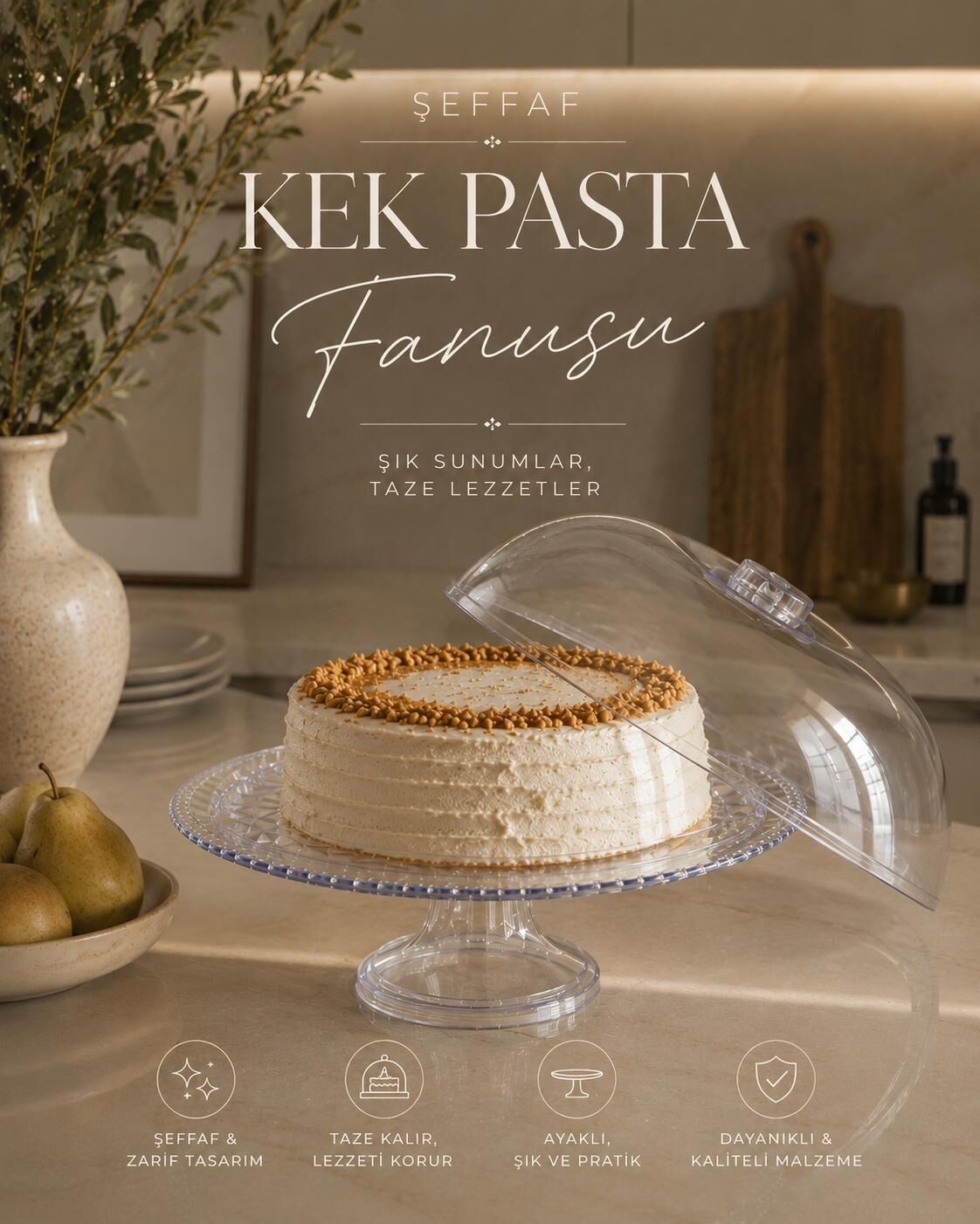 Okyanus Home Mika Kristal Görünümlü Ayaklı Kek - Pasta Fanusu 29 cm