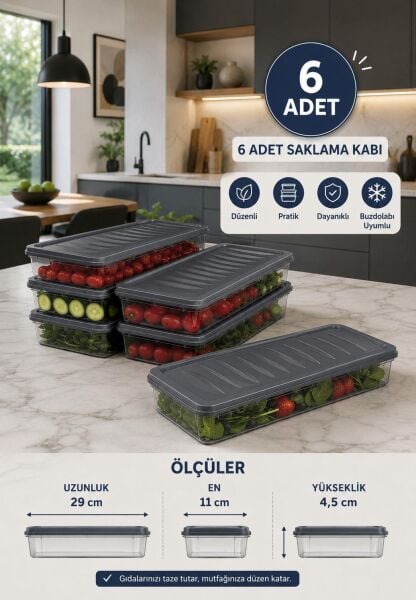 Okyanus Home Buzdolabı  Ve Dondurucuya Uygun Saklama Kabı Antrasit 6 ADET 1170ML