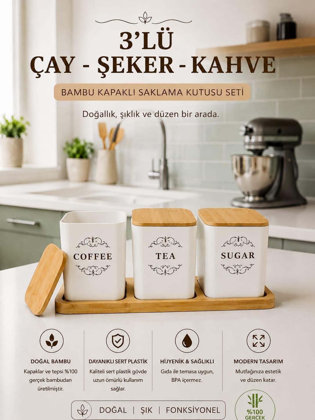 Okyanus Home 3'lü Çay Kahve Şeker Kutusu Bambu Tepsili- 900ML